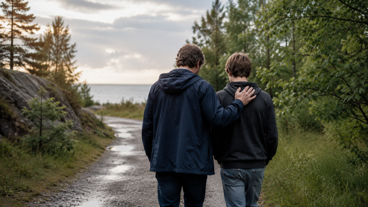 Förälder stöttar en tonåring under en promenad i naturen