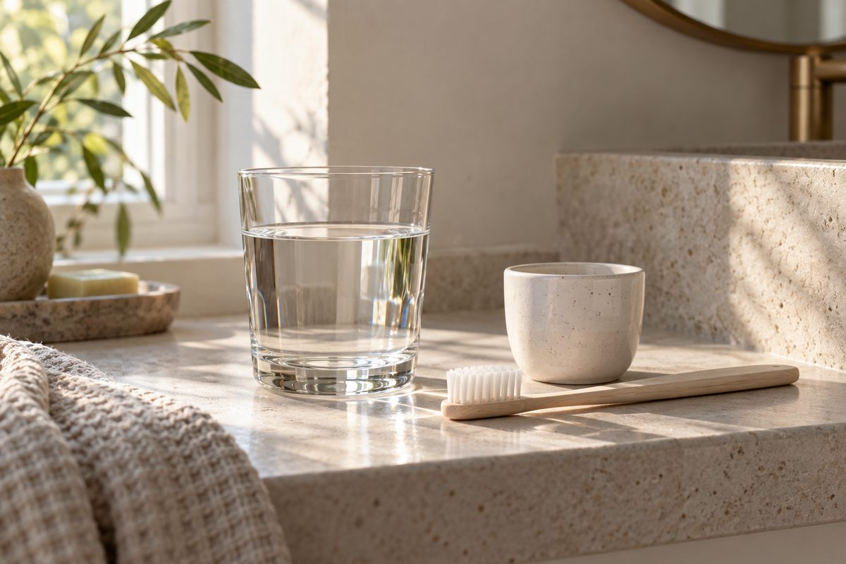 Ett glas vatten och en mjuk tandborste på en ljus badrumshylla.